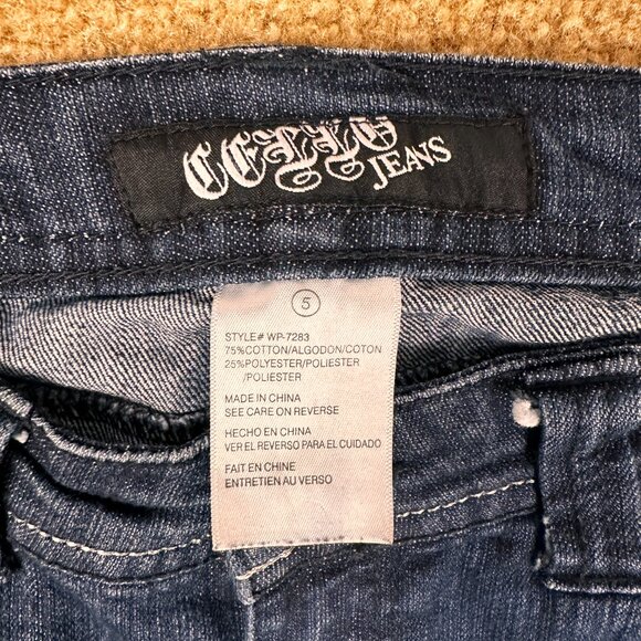 Y2K Cello Cross Wings Bling  Goth Jeans Mid Rise Dark Wash Size 5 W 29 L 32.5 - Picture 5 of 7